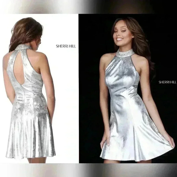 Sherri Hill Dresses & Skirts - Sherri Hill Lavish embellished halter-neck Grey Velvet mini Prom Dress Size 0